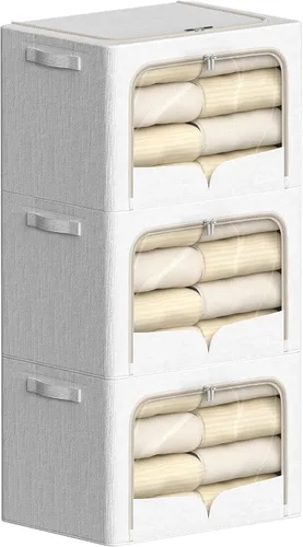 Miniatura 19 de FHSQX Paquete de 3 contenedores de almacenamiento de ropa, caja de almacenamiento plegable con marco de metal, juego organizador apilable de tela