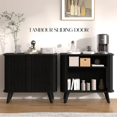 Miniatura 3 de Armario estriado de 27 pulgadas con puertas correderas, armario de almacenamiento moderno con patas para sala de estar o entrada, color negro