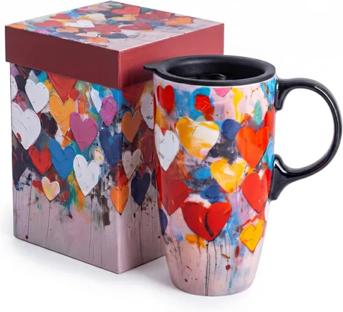 Miniatura 8 de Topadorn - Taza de viaje de cerámica de 17 onzas con tapa, taza de café de plumas boho con asa, taza grande de viaje de cerámica, apta