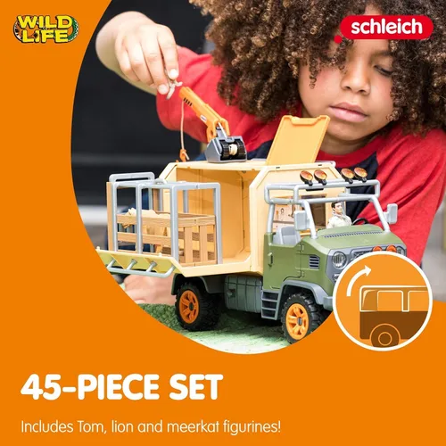 Miniatura 4 de Schleich Wild Life - Juego de camión de juguete de rescate de animales de 45 piezas, con figura de acción Ranger Tom, figuras de león y suricata.