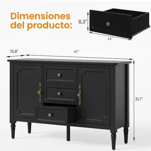 Miniatura 2 de RoyalCraft - Gabinete de almacenamiento con 2 puertas y 3 cajones, aparador de mediados de siglo con estantes ajustables, gabinete de buffet