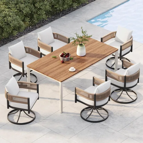Miniatura 15 de Juego de comedor al aire libre Grand Patio de 5 piezas para 4, sillas de patio fijas de mimbre tejido metálico con cojines engrosados y 1 mesa