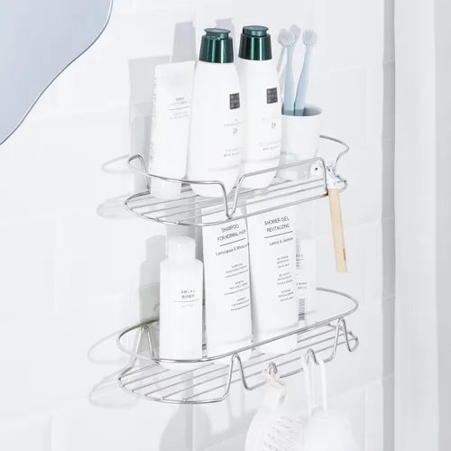 KINCMAX Carrito de ducha, acero inoxidable SUS304 inoxidable, montaje en pared adhesivo, cestas redondas, paquete de 2 unidades (plata pulida)