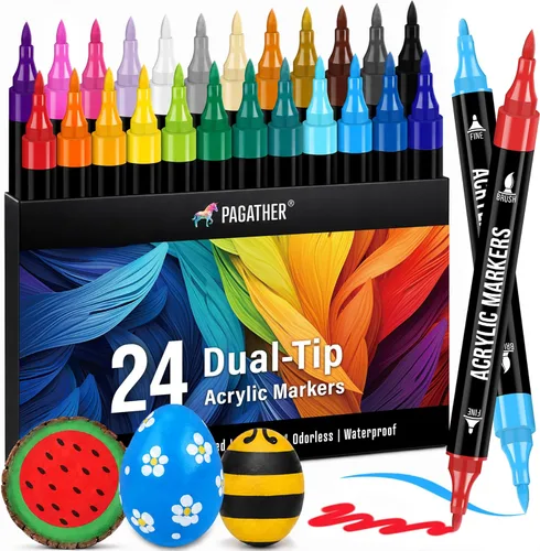 Miniatura 15 de Pagather Marcadores de pintura acrílica en blanco y negro, paquete de 12 marcadores de doble punta con punta fina y punta de pincel para piedra, 12
