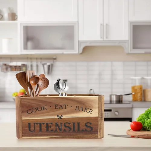 Miniatura 7 de Soporte para utensilios para encimera de cocina, organizador de madera extra grande de 3 compartimentos en madera de acacia, almacenamiento