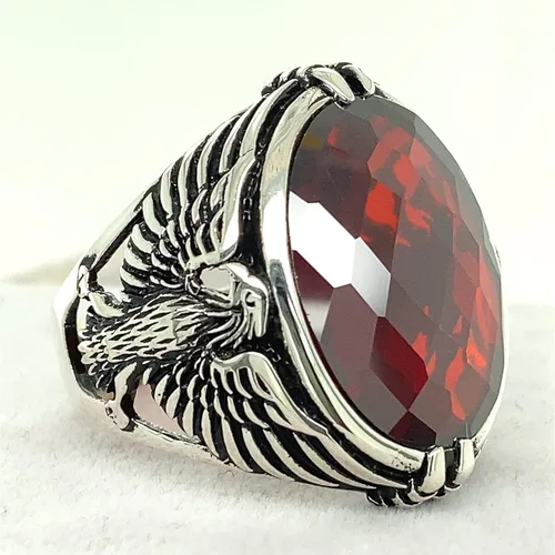 Miniatura 4 de Men Handmade Eagle Ring, Ruby Stone Ring, Silver Red Ruby Stone Ring, 925k Sterling Silver Ring, Handmade American Eagle Mens Ring