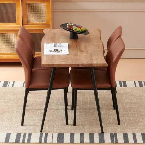 Miniatura 6 de Juego de mesa de comedor para 4, mesa de comedor rectangular irregular de madera moderna, sillas de comedor de cuero, 4 mesas y sillas, juego de 4