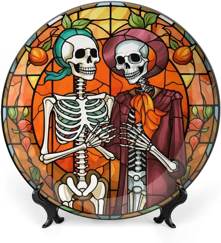 Platos decorativos de Halloween para colgar en la pared, placa de cerámica de pareja de esqueletos, placa tambaleante con soporte de exhibición, Par