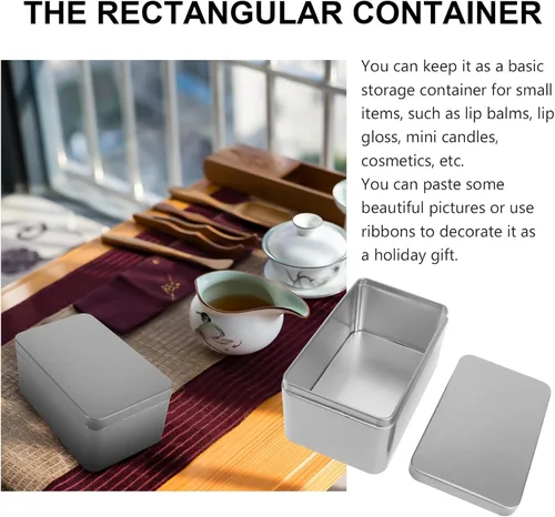Miniatura 7 de NUOBESTY Caja de lata rectangular vacía, contenedor portátil de almacenamiento de té con tapa, caja de almacenamiento para el hogar para dulces