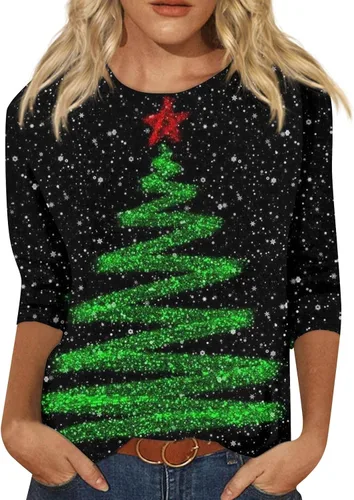 Funny Christmas Shirts, Women's Fashion T-Shirt Round Neck Casual 34 Sleeve Tops Daily Casual Christmas Print Top