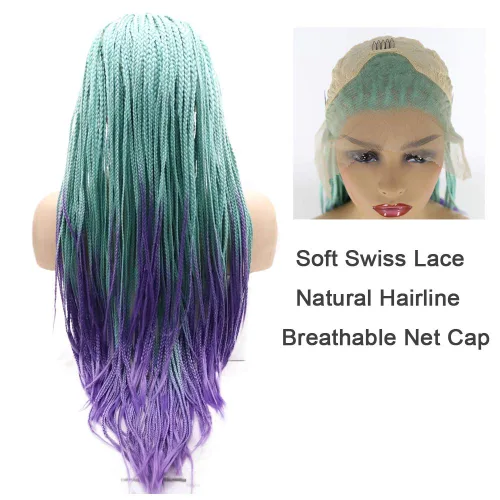 Miniatura 4 de Pelucas trenzadas azules con encaje frontal para mujeres negras, con micro trenzas trenzadas, color degradado, menta, verde, azul, morado, peluca