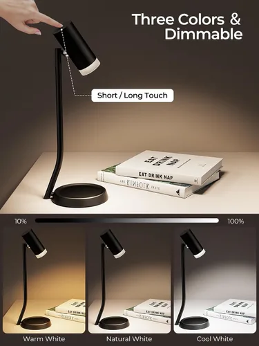 Miniatura 5 de PESUTEN Lámparas de mesa inalámbricas, luz de mesa portátil a pilas con cabezal de ángulo ajustable magnético, lámpara recargable de 5000 mAh