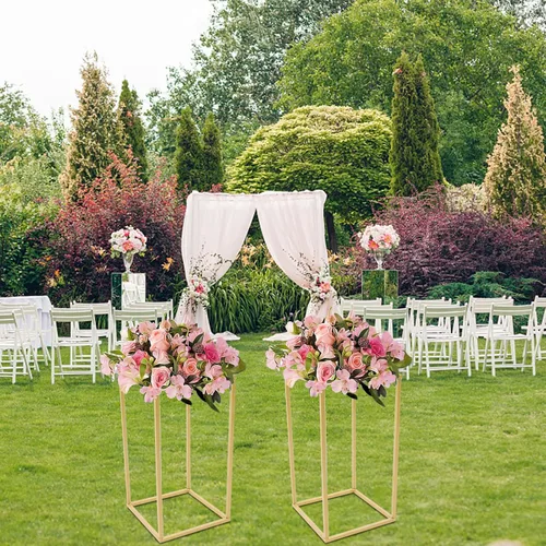 Miniatura 5 de DouSeiAi 2 piezas de soporte de flores de boda de metal para mesas, florero de plantas de flores, jarrón dorado alto, columna geométrica de flores