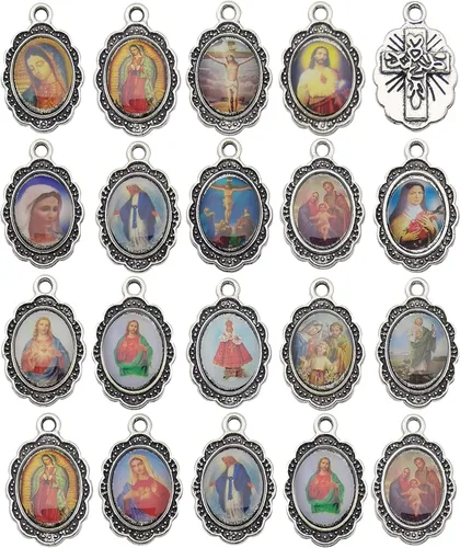 50 piezas de plata antigua con imagen de Jesús esmaltado Nuestra Señora Milagrosa Medalla Floral Rosario Centro de mesa de aleación Crucifijo Cruz