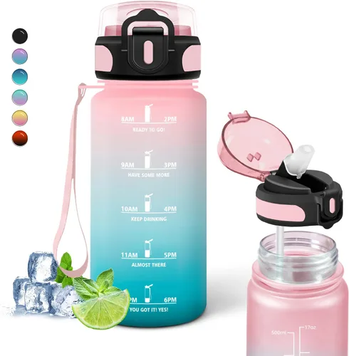 Miniatura 50 de Botella de agua – 16.9 fl oz – Botella de agua para niños, botella de sorbete a prueba de fugas, botella deportiva con marcador de tiempo, botella