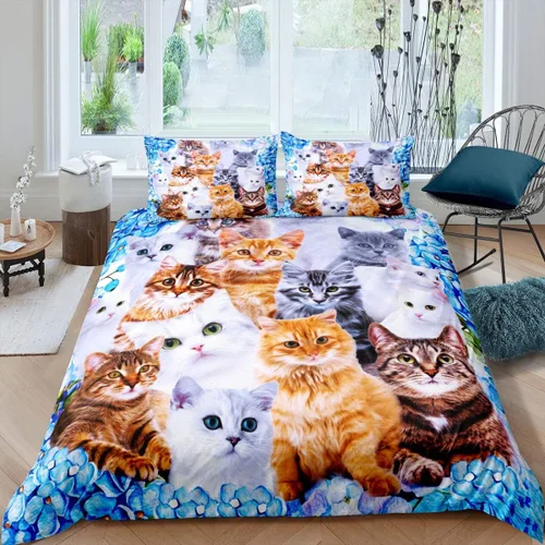 Juego de funda de edredón para niños y niñas, con diseño de gatos y mascotas de dibujos animados, para niños y niñas, juego de funda de edredón con