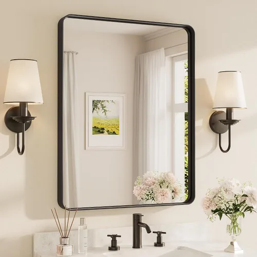 Miniatura 116 de TETOTE Espejo de marco dorado cepillado de 16 x 24 pulgadas, espejo de tocador de baño de latón dorado para pared, espejo enmarcado rectangular