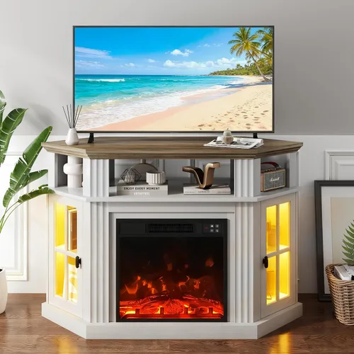 Miniatura 9 de YESHOMY Soporte esquinero para TV con chimenea para televisores de hasta 55" con gabinetes de almacenamiento, centro de entretenimiento, consola