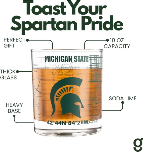 Miniatura 2 de Greenline Goods – Vasos de Whiskey de la Universidad Estatal de Michigan Spartans (Set de 2), 10 oz – Logo de Color Completo + Mapa del Campus