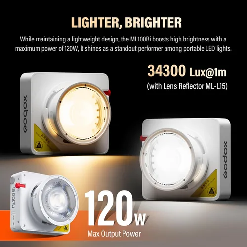 Miniatura 5 de Godox ML100Bi - Luz de video LED bicolor de 120 W, luz de video LED COB portátil 34300 Lux CRI 96+/TLCI 97+ 2800K-6500K 11 efectos FX para filmar