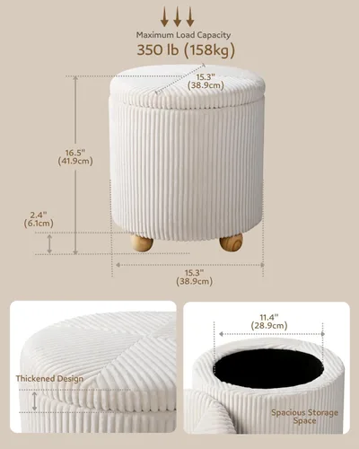 Miniatura 2 de Adeco Otomana redonda de almacenamiento, taburete tapizado para maquillaje, taburete de terciopelo para dormitorio, dormitorio