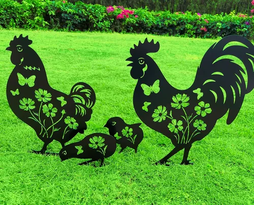 Decoración de jardín de pollo de metal Doesen para exterior, 4 piezas de arte de jardín de pollo de metal, regalos de jardín decorativos para