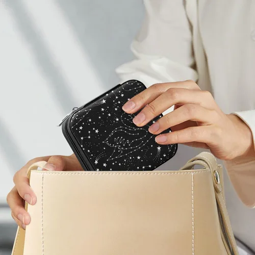 Miniatura 7 de Tatenale Joyero de viaje pequeño organizador de joyas para anillos, aretes, collares, niñas, mujeres, hombres, estrella fugaz blanca y cisne, negro