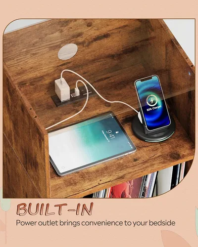 Miniatura 4 de WLIVE - Soporte para tocadiscos con estación de carga, moderna mesita de noche con almacenamiento, mesita de noche de espacio pequeño, mesa auxiliar