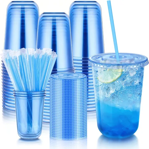 Miniatura 11 de KesaPlan Paquete de 50 tazas de plástico negro de 16 onzas con tapas y pajitas, taza de café helado desechable con tapas, tazas de fondo redondo
