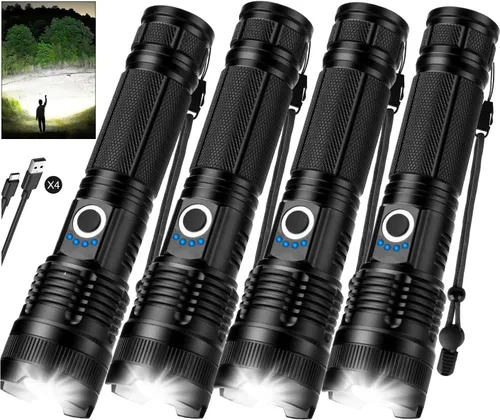 Kmivo Paquete de 4 linternas recargables de alto lúmenes, 990,000 lúmenes, linterna LED ajustable súper brillante, impermeable, con 5 modos, ideal