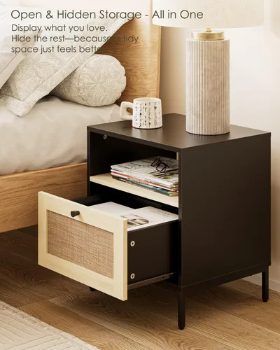 Miniatura 4 de Mesita de noche de ratán, mesa auxiliar grande y moderna de madera estilo bohemio con cajón de almacenamiento y estante abierto, mesa auxiliar Negro