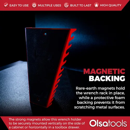 Miniatura 5 de Olsa Tools Organizador de llaves magnéticas de 12 piezas - Estante rechoncho montado en la pared - Bandeja de herramientas roja para tamaños SAE