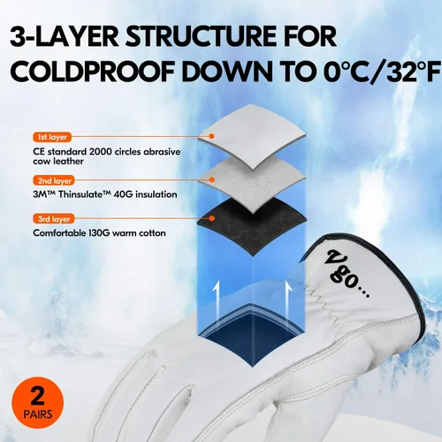 Miniatura 2 de Vgo... 2 pares de guantes de trabajo y conductor de cuero de vaca de invierno con forro de 32 ℉ o superior (talla XL, crema, CA9501F)
