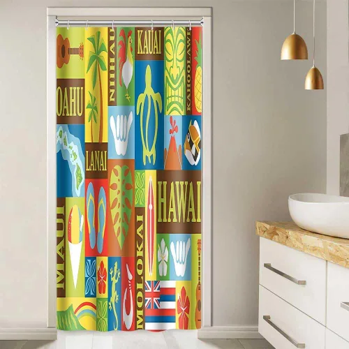 Miniatura 2 de Cortina de ducha hawaiana, retro hawaiano exótico Tiki cortinas de ducha de baño, juego de cortinas de baño con temática tropical Aloha con 6