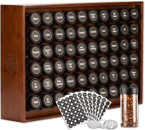 AllSpice Organizador de especieros, madera, 525 etiquetas únicas, montaje en encimera o pared, incluye 60 frascos de 4 onzas - acabado nogal Mancha