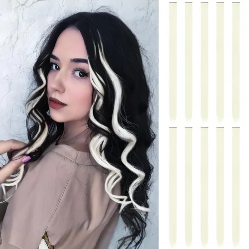 Miniatura 39 de FESHFEN Extensiones de cabello con clip de colores, 16 piezas de 8 colores resaltados, piezas de cabello sintético lacio con clip para mujer, 22