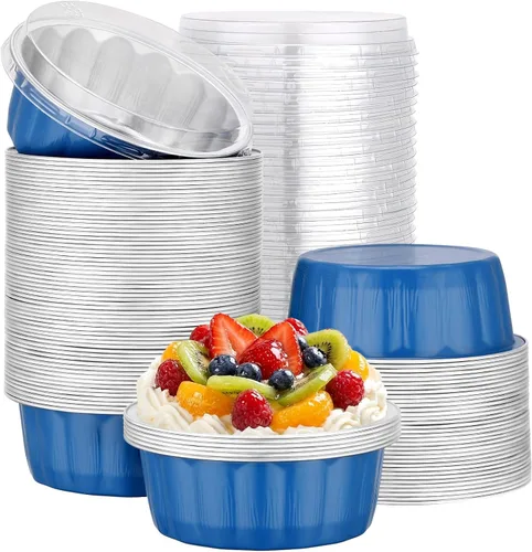 Miniatura 73 de Beasea Ramequines con tapas, 8oz 50 unidades de tazas de aluminio desechables para hornear, tazas de papel de aluminio plateado para creme brulee