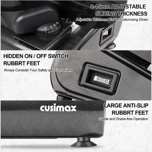 Miniatura 3 de Rebanadora de Carne, CUSIMAX Rebanadora Eléctrica de Embutidos para el Hogar, 2 Cuchillas Extraíbles de Acero Inoxidable de 7.5'' y Empujador, Negro