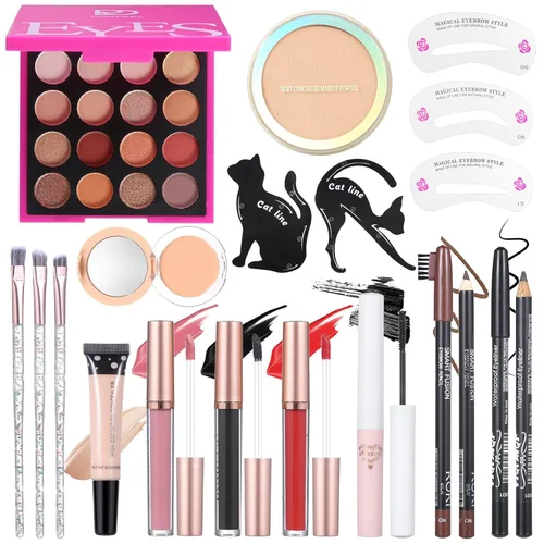 Kit de maquillaje para adolescentes, regalo de maquillaje para mujeres, incluye paleta de sombras de ojos, brillo de labios, rímel, delineador de