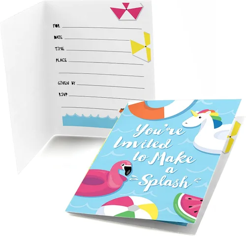 Big Dot of Happiness Make a Splash - Fiesta en la piscina - Rellena invitaciones de fiesta de natación de verano o fiesta de cumpleaños (8 unidades)