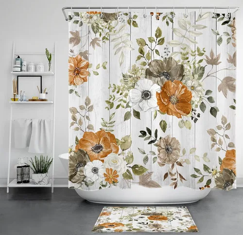 Miniatura 15 de LB Cortina de ducha floral de otoño, flores silvestres blancas y naranjas y hojas de arce gris sobre tela beige con ganchos, juego de baño botánico