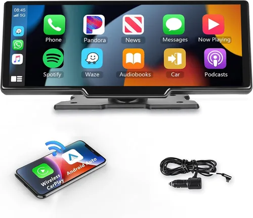 Podofo Receptor de Radio Estéreo de Coche Portátil de 10.26" con Pantalla Táctil, Carplay Inalámbrico, Android Auto, Navegación, Control de Voz,