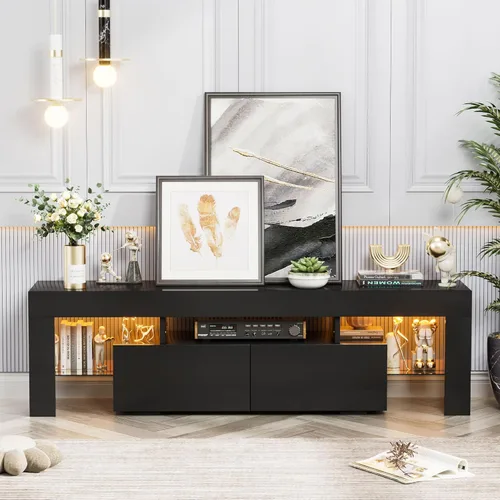 Miniatura 4 de YESHOMY Soporte de TV LED moderno negro para televisores de hasta 70 pulgadas con estantes de vidrio y cajón, centro de entretenimiento