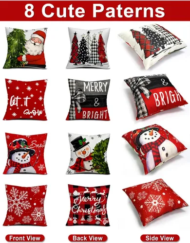 Miniatura 3 de multiwins Decoraciones Navideñas Juego de 4 Fundas de Cojines Navideños con Estampado de Doble Cara de 16" x 16", con 8 Bonitos Patrones, Fundas