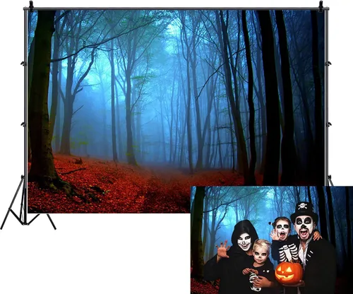 Misty Forest Backdrop Halloween Eve Dark Blue Fog Fall Autumn Maple Leaves Woods Background for Thanksgiving Party Photography Studio Photo Booth