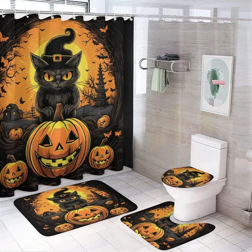 Miniatura 11 de Juego de 4 cortinas de ducha de Halloween, gato negro, luna llena, calabaza aterradora, cortina de ducha y alfombras, juego de cortina de ducha