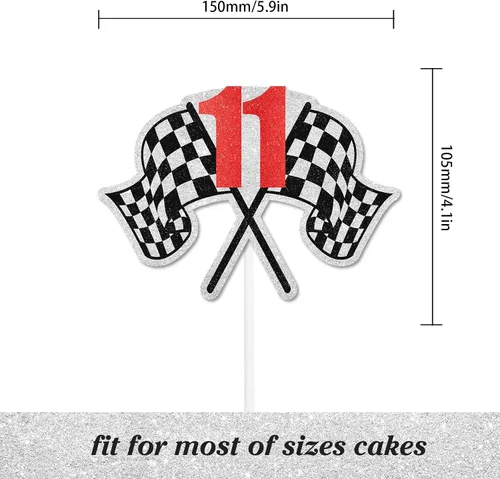 Miniatura 2 de Decoración para pastel de carreras de cumpleaños número 11, bandera a cuadros, rápido, decoración de automóvil, fiesta de cumpleaños de corredor