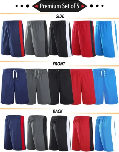 Miniatura 4 de Liberty Imports Paquete de 5 pantalones cortos de baloncesto atléticos de secado rápido para hombre, entrepierna de 9 pulgadas con bolsillos, ropa