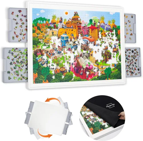 Playboda - Tabla de rompecabezas giratoria de plástico de 1500 piezas con cajones y cubierta, mesa portátil de rompecabezas de 35 x 27 pulgadas para