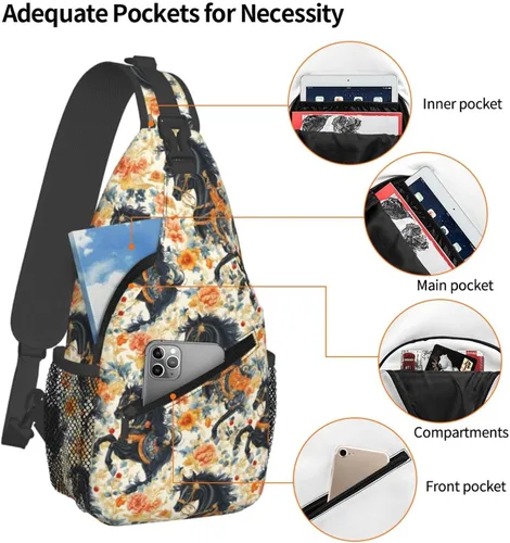 Miniatura 4 de Small Crossbody Bags for Women Men - Vintage Flower Black Horse Print Adjustable Shoulder Bag Fanny Packs Belt Sling Bag Crossbody Purses Backpack